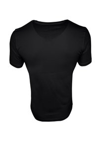 Schwarzes T-Shirt mit kurzen Ärmeln und rundem Ausschnitt, aus einem glatten Material gefertigt. Es hat eine figurbetonte Silhouette und dezente Nähtedetails.