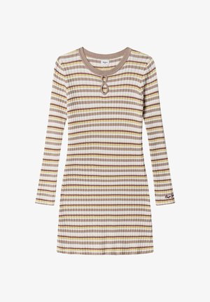 Randig klänning med ribbad struktur i creme, beige och brunt. Har en rund halsringning och långa ärmar med en dekorativ ögla i mitten.