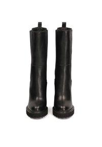 Bottes dcheville en cuir noir  texture lisse, bouts arrondis et semelles en caoutchouc. Dotes de languettes  l00t pour faciliter lhabillage.