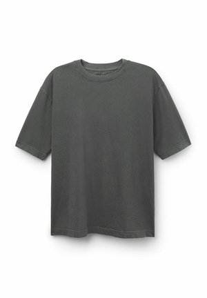 Kurzärmliges T-Shirt in Dunkelgrau, aus weicher Baumwolle, mit Rundhalsausschnitt und lockerer Passform sowie genähtem Saum. Keine Muster oder Akzente.