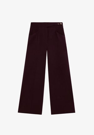 Pantalons évasés d'une profonde couleur bordeaux, fabriqués à partir d'un tissu lisse. Comprend deux poches avant et une fermeture à bouton à la taille.