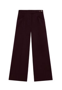 Wide-leg pants in a deep burgundy color, made from a smooth fabric. Features two front pockets and a button closure at the waist.