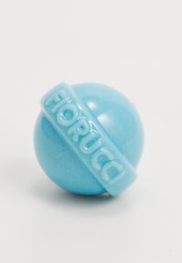 Turquoise blue spherical bead with a matte finish and embossed "Fiorucci" logo in a raised, rounded band. Smooth texture, glossy accents.