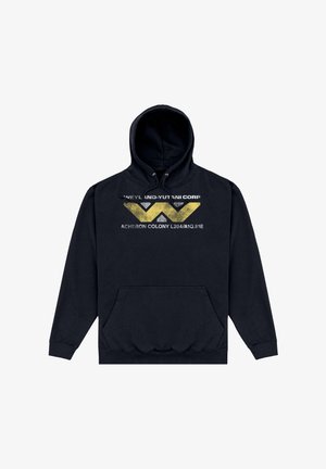 Felpa con cappuccio nera con tasca frontale, caratterizzata da un design grafico con accenti gialli, argento e bianchi e testo. Tessuto in misto cotone.