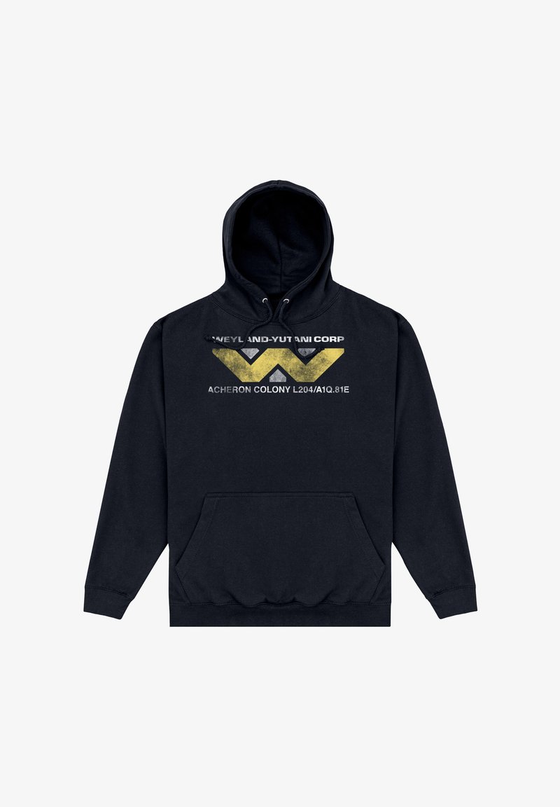 Černá mikina s kapucí a přední kapsou, zdobená grafickým motivem se žlutými, stříbrnými a bílými detaily a textem. Vyrobena z bavlněné směsi.