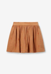 Jupe marron, longueur genou, en tissu texturé, avec une taille élastique et de petits motifs floraux brodés en orange.