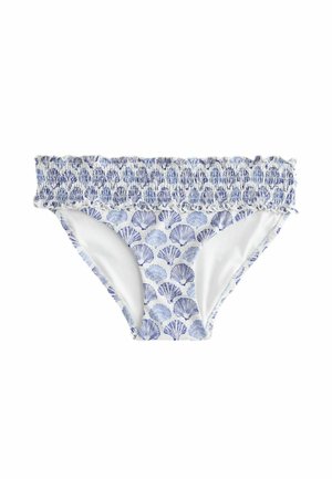Slip de bikini pentru femei, cu talie elastică striată și model cu scoici albastre pe material alb.
