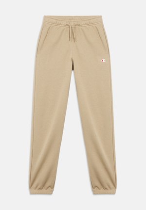 Beige fleece joggingbroek met elastische tailleband, trekkoord, zijzakken, elastische boorden en een klein Champion-logo op de linker dij.