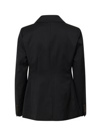 Black blazer with a tailored fit, notched collar, single vent at the back, and buttoned cuffs. Smooth fabric with a classic design.