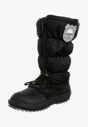 Botte de neige noire avec une tige en nylon rembourrée, un cordon de serrage réglable, une semelle en caoutchouc robuste et un écusson argenté avec logo sur la tige.