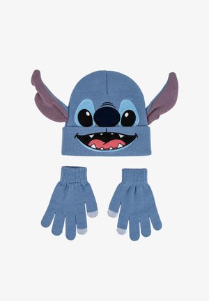 Cappello di maglia blu con il volto e le orecchie di Stitch, abbinato a guanti blu coordinati con punte delle dita grigie.