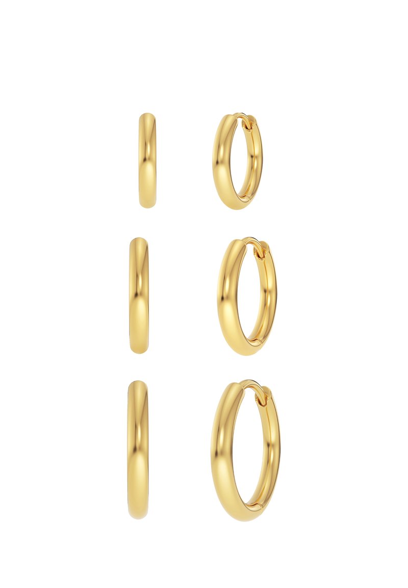 Gouden hoepel oorbellen in drie maten, met een gladde, gepolijste afwerking en een veilige sluiting, die een eenvoudige en ronde silhouet tonen.