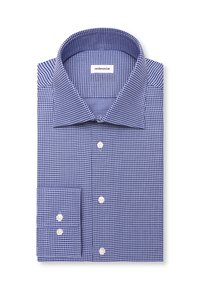 Chemise habillée à manches longues pliée avec un petit motif à carreaux bleu et blanc, boutons blancs et col large, étiquetée Seidensticker.