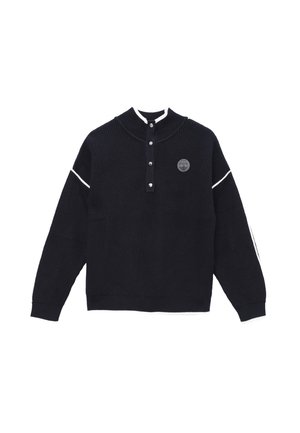 Marineblauw gebreid sweater met een hoge kraag, een drie-knopen knopenlijst, witte accentstrepen en een ronde logo-applicatie op de borst.