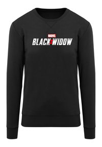 Juodas džemperis su užrašu "MARVEL BLACK WIDOW" baltomis ir raudonomis raidėmis. Klasikinio tipo apykaklė, ilgomis rankovėmis ir raibomis rankogaliais.