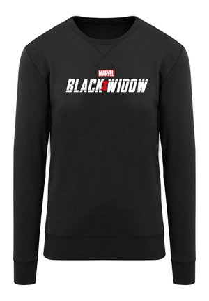 Čierna mikina s nápisom "MARVEL BLACK WIDOW" v bielej a červenej farbe. Klasický dizajn s okrúhlym výstrihom, dlhými rukávmi a rebrovanými manžetami.
