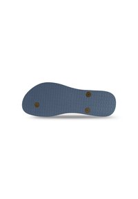 Semelle de chaussure en caoutchouc bleu avec une surface texturée, comportant deux inserts ronds marron. Bords lisses et forme incurvée pour le confort.
