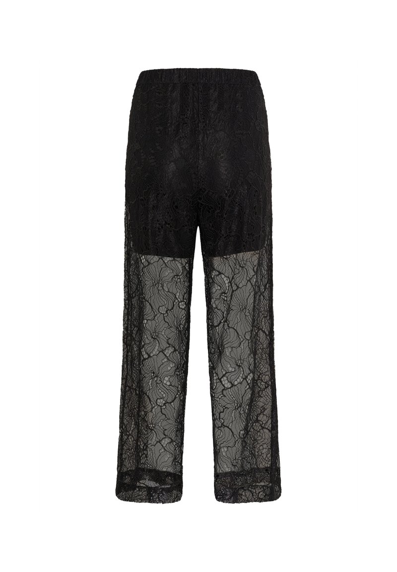 Schwarze Spitzen-Culottes mit elastischem Bund und transparentem Blumenmuster, weit geschnittenes Design mit leichter Textur.