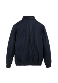 Veste bomber noire à manches longues avec des poignets, un ourlet et un col à côtes, vue de dos sur fond blanc.