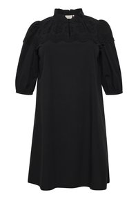 Vestido negro con cuello alto, mangas cortas abullonadas y detalles bordados en el cuerpo. Tejido suave con un corte relajado.