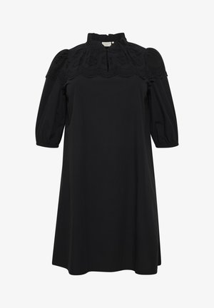 Schwarzes Kleid mit hohem Kragen, kurzen Puffärmeln und bestickten Details auf dem Oberteil. Glatter Stoff mit lockerer Passform.