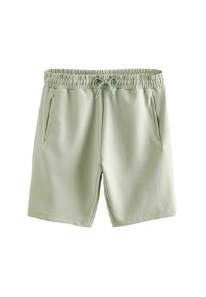 Mint green athletic shorts made of soft fabric, featuring an elastic waistband with a drawstring and two side pockets.
