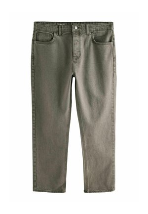 Olijfgroene jeans van duurzame denim. Voorzien van vijf zakken, een rechte snit, een rits en een enkele metalen knoopsluiting.