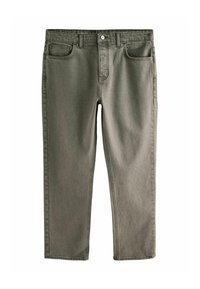 Olivgrüne Denim-Jeans mit geradem Schnitt, ausgestattet mit vorderen Taschen, einem Knopfverschluss und Gürtelschlaufen. Durchgehend glatte Textur.