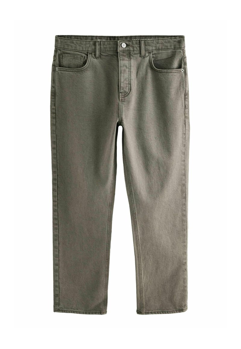 Olivgrüne Denim-Jeans mit geradem Schnitt, ausgestattet mit vorderen Taschen, einem Knopfverschluss und Gürtelschlaufen. Durchgehend glatte Textur.