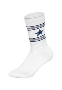 Biała skarpeta sportowa z prążkowaną fakturą, ozdobiona granatowymi paskami i logo w kształcie gwiazdy. Skarpeta wykonana jest z miękkiego, elastycznego materiału zapewniającego komfort.
