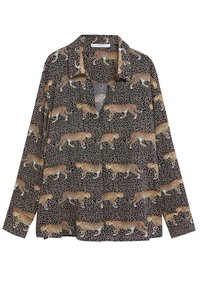 Schwarze Hemdjacke mit Leopardenmuster; aus leichtem Stoff; mit langen Ärmeln und klassischem Kragen.