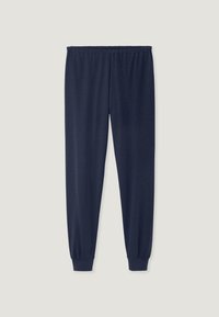 Marineblaue Jogginghosen aus weichem Material mit elastischem Bund und gerippten Beinabschlüssen für einen bequemen Sitz.