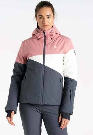 Skijacke mit einem Farbblockdesign in Pink, Weiß und Marineblau. Hergestellt aus wasserabweisendem Material mit Reißverschluss und Seitentaschen.