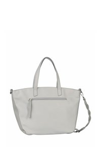 Sac fourre-tout gris clair avec deux poignées, une poche externe zippée et une bandoulière détachable au design ondulé.