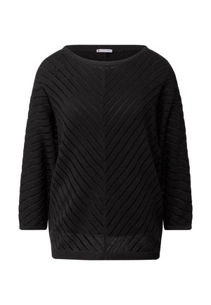 Black knit sweater with a chevron pattern, round neckline, and three-quarter sleeves. Made from soft, breathable material with a loose fit.