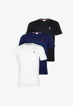 Tri tričká s výstrihom do V v bielej, námorníckej modrej a čiernej farbe. Na hrudi je vyšívané logo a na výstrihu kontrastný lem.