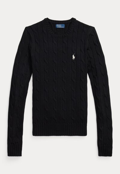 Maglione nero lavorato a trecce con maniche lunghe, collo girocollo e piccolo logo bianco Polo Ralph Lauren sul petto sinistro.