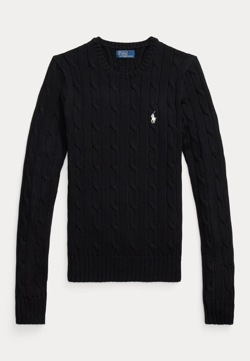 Mustast soonikootud pika varrukaga kampsun ümmarguse kaelusega ja väike valge Polo Ralph Laureni logo vasakul rinnal.