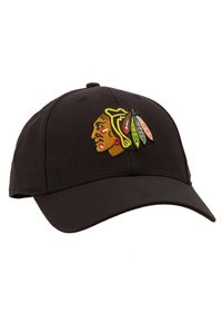 Black baseball cap with a curved brim, featuring an embroidered profile of a Native American with colorful feather accents.