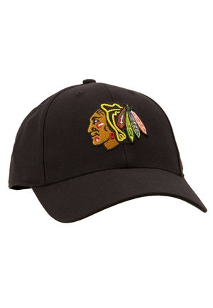 Black baseball cap with a curved brim, featuring an embroidered profile of a Native American with colorful feather accents.