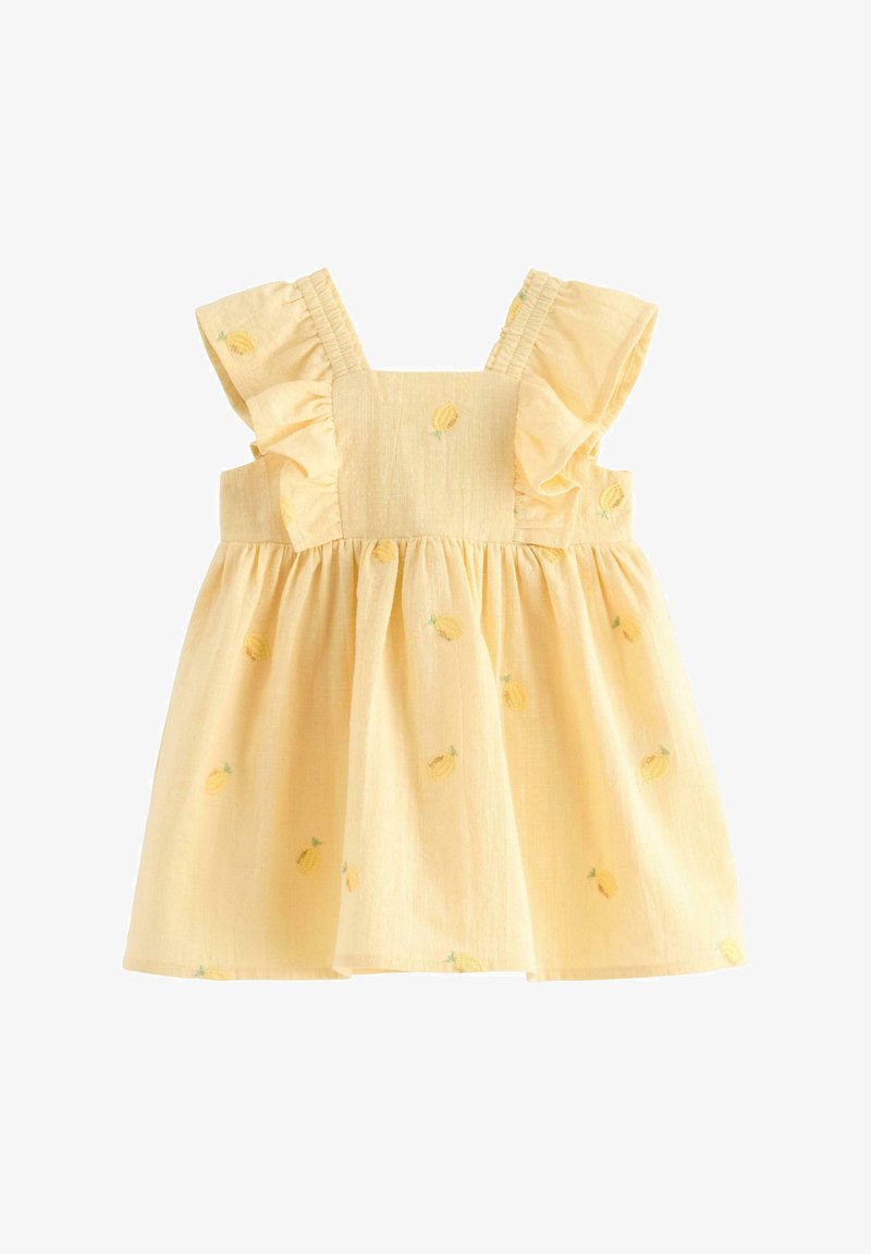 Yellow toddler dress with ruffled shoulder straps and small embroidered lemon patterns on a gathered skirt.