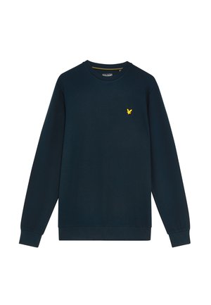 Navy sweatshirt made of cotton blend fabric, featuring a crew neckline, long sleeves, ribbed cuffs, and a small yellow bird logo on the chest.