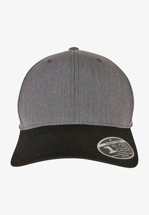 Gray fabric cap with a black visor, structured design, and a round logo featuring "FLEXFIT TECH 110" on the side. Features stitched detailing.