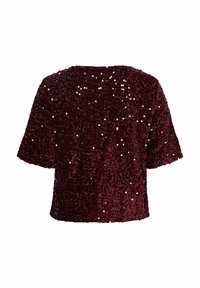 Burgundinės siuvinėjimų palaidinė su trumpomis rankovėmis, apvaliu iškirpimu ir tekstūruotu paviršiumi, padengtu blizgiais atspindinčiais siuvinėjimais.