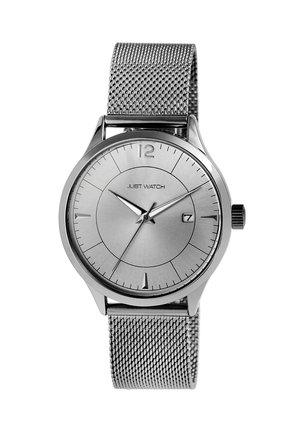 Silver analog watch with a round brushed metal case and mesh strap. Features minimalist hour markers, a date window, and sleek hands.