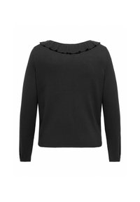 Crna dolčevita s dugim rukavima i volanima na ovratniku, prikazana sa stražnje strane na bijeloj pozadini.