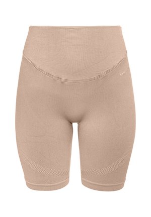 Beige high-waisted fietsbroekjes met een zachte textuur, voorzien van een naadloos ontwerp en gripaccenten rond de bovenbenen voor extra functionaliteit.