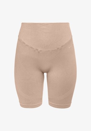 Bežid kõrge vöökohtadega jalgrattashortsid, millel on sile tekstuur, sujuv disain ja kummist detailid reite piirkonnas, et lisada funktsionaalsust.