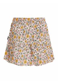 Gonna a fantasia floreale con cintura elastica, sfondo rosa con fiori gialli, bianchi e verdi, e silhouette svasata.