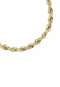 Collana in oro a catena torcigliata con anelli intrecciati, caratterizzata da una superficie liscia e lucida e da una tonalità gialla uniforme.